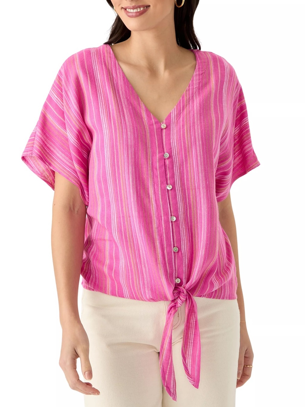 Wonderly Linen Blend Pink Stripe Tie Waist Top 2X